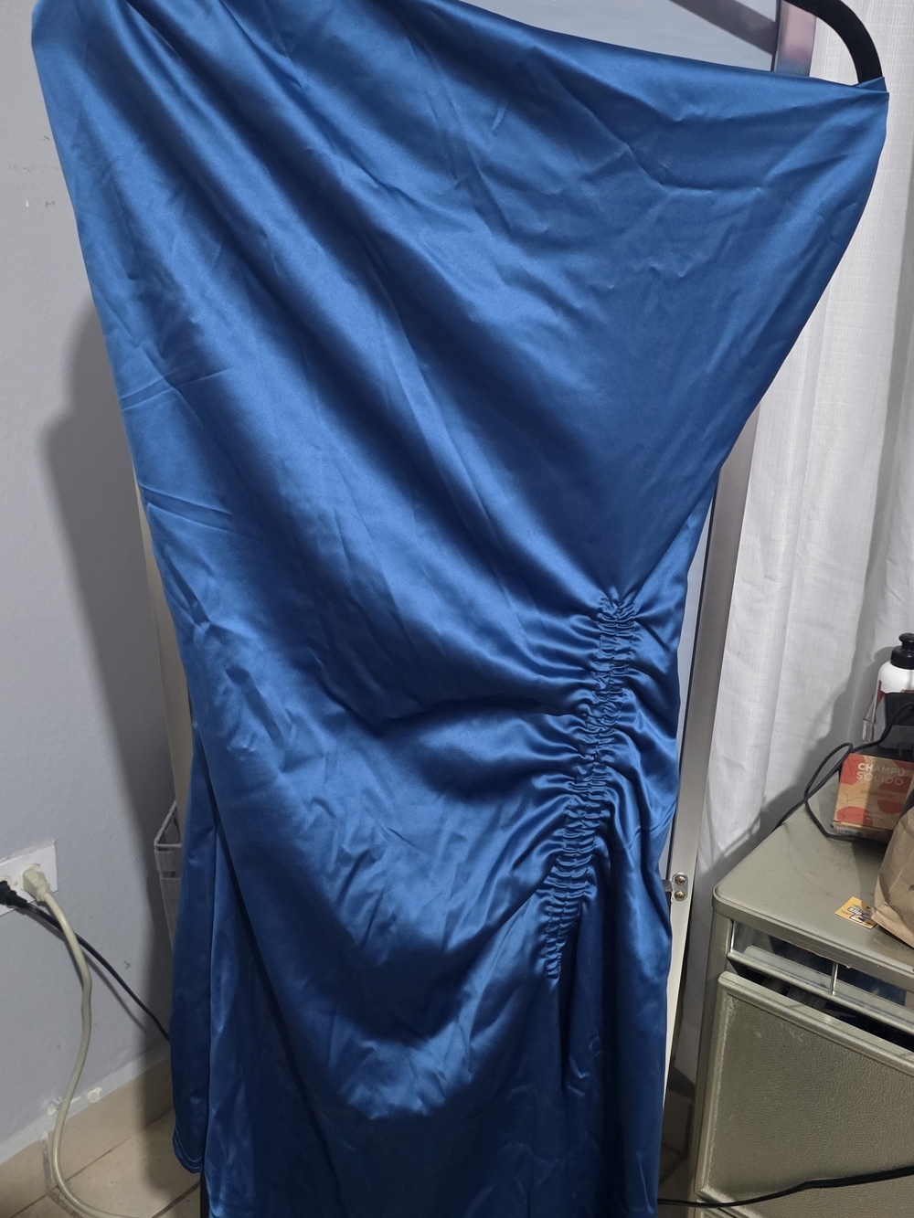 SHEIN One-Shoulder Satin Ruched Dress in Royal Blue